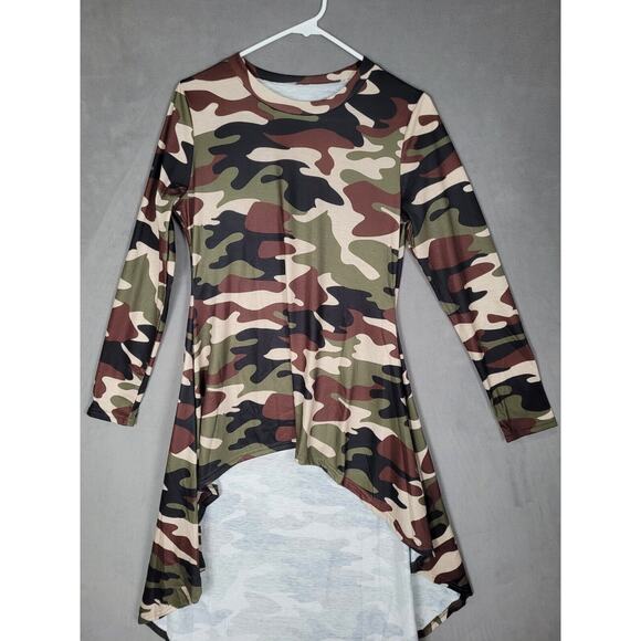 Famnbro Womens Camo Long Sleeve High Low Asymmetrical Hem Shirt Dress Medium - Picture 4 of 5